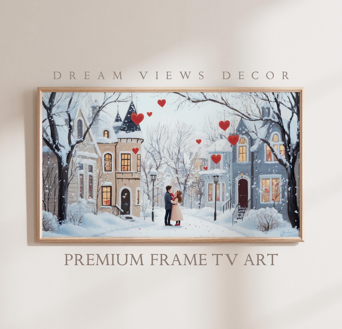 Valentine Couple Snowy Street Floating Hearts Winter Love Art Poster
