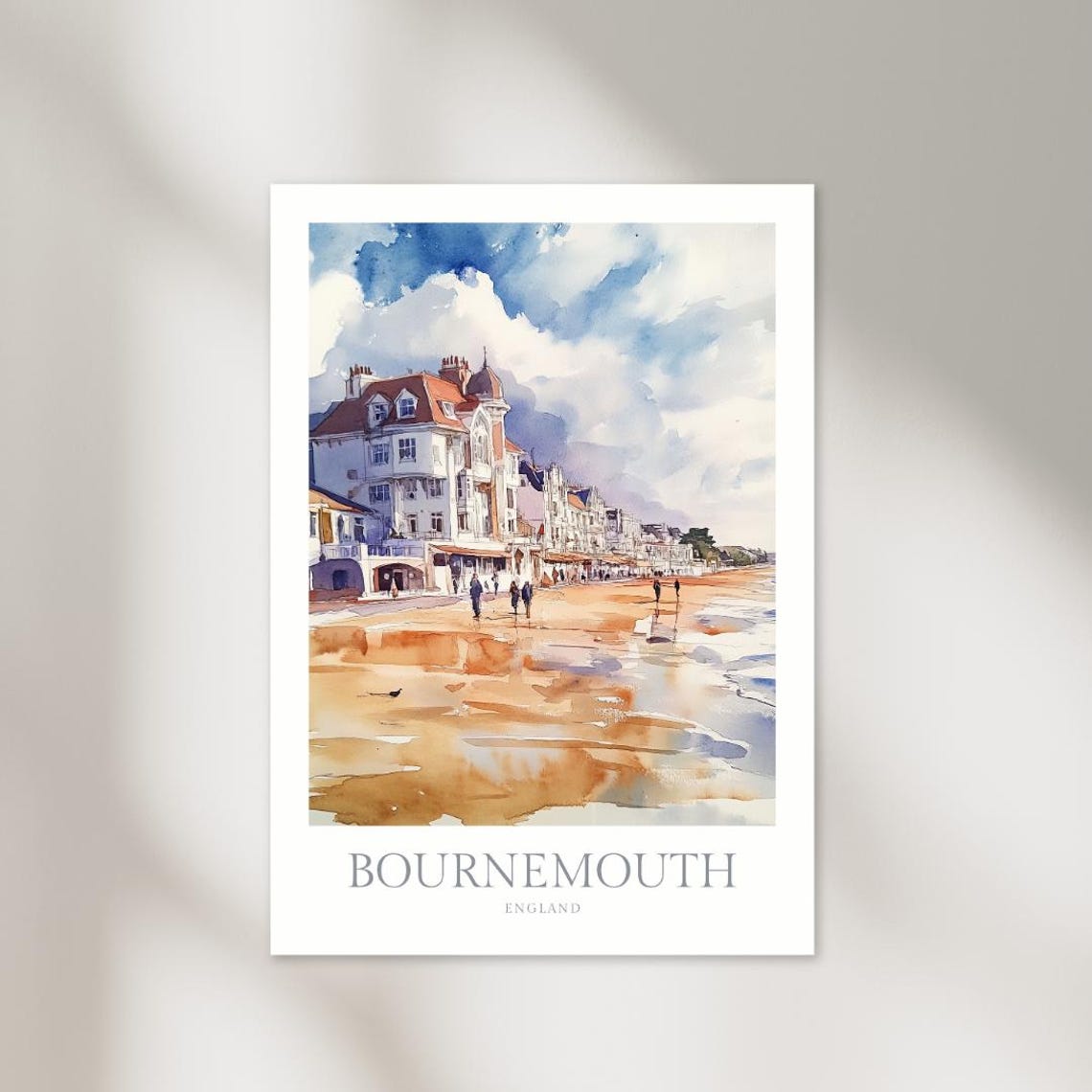 Bournemouth England Beachfront Seaside Watercolor Travel Poster