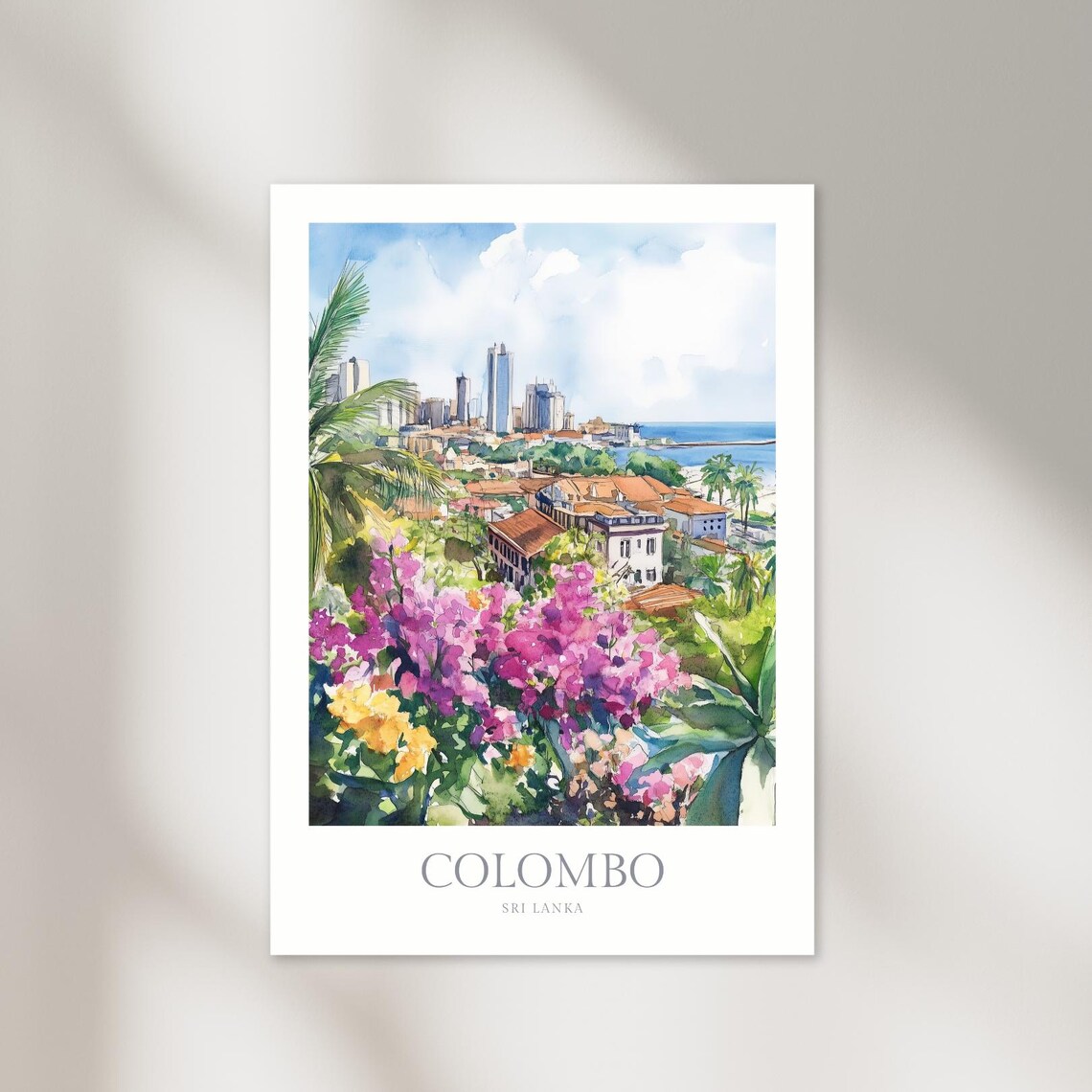 Colombo Sri Lanka Skyline Watercolor Floral Travel Art Poster