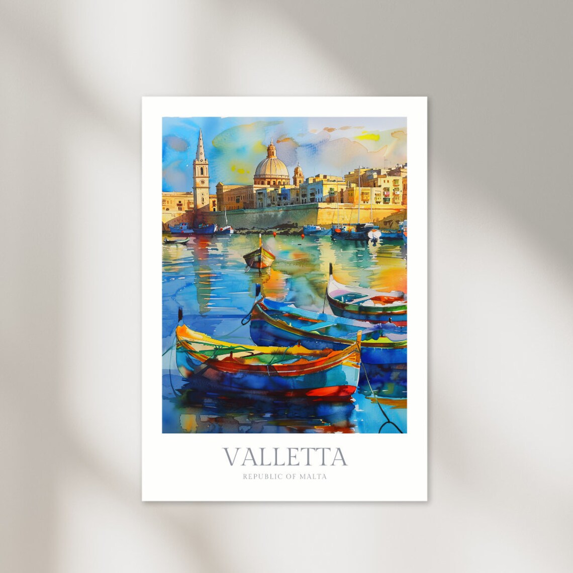 Valletta Malta Watercolor Travel Poster, Maltese Boats