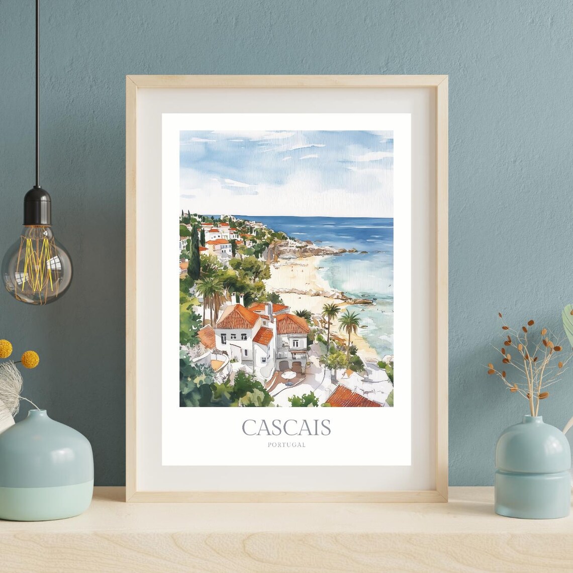 Cascais Portugal Beach Red Roofs Watercolor Coastal Travel Wall Art - Image 2
