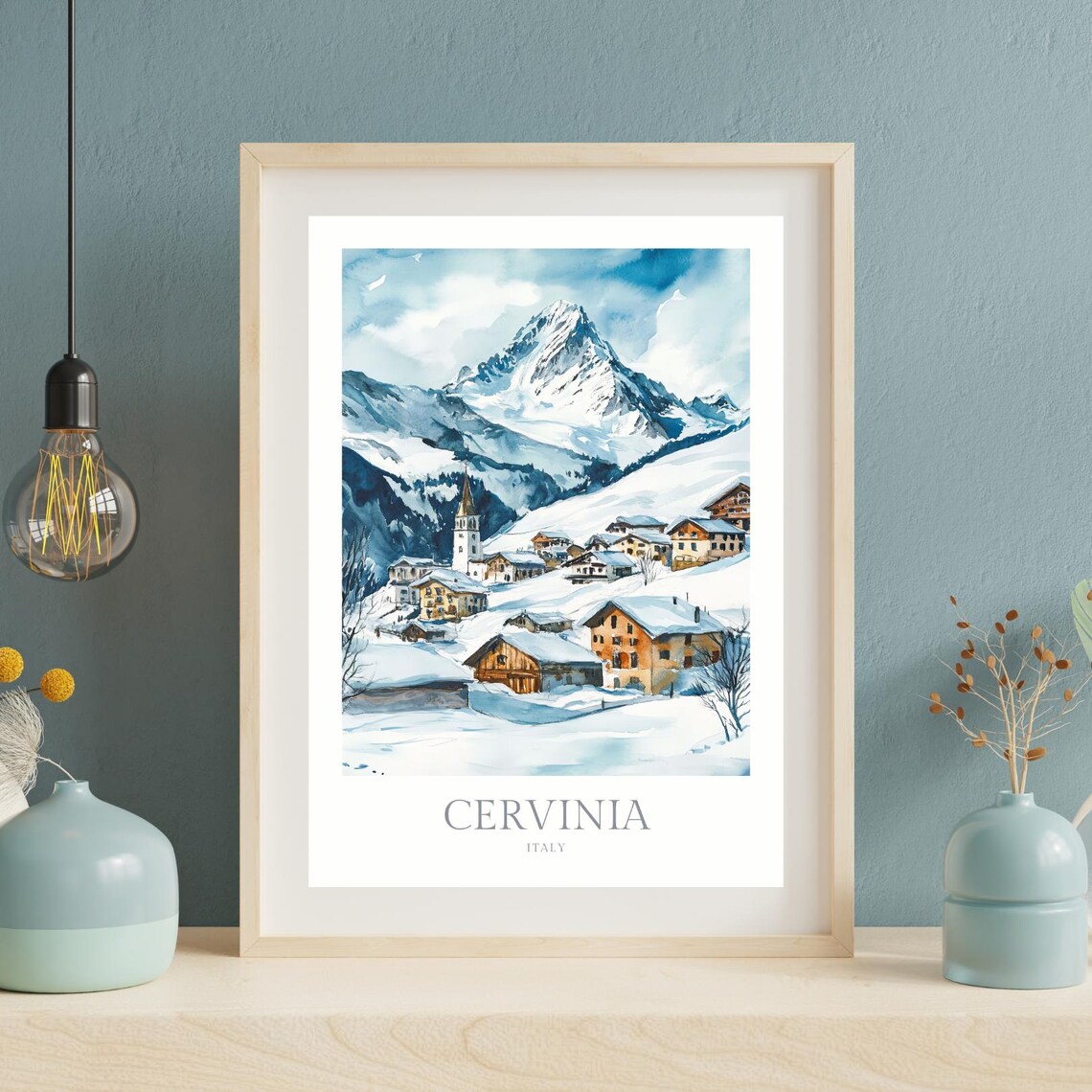 Cervinia Italy Snowy Alpine Village Peak Watercolor Travel Poster - Image 2