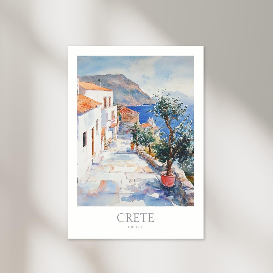 Crete Greece Watercolor Village Island Street Sea View Art Print