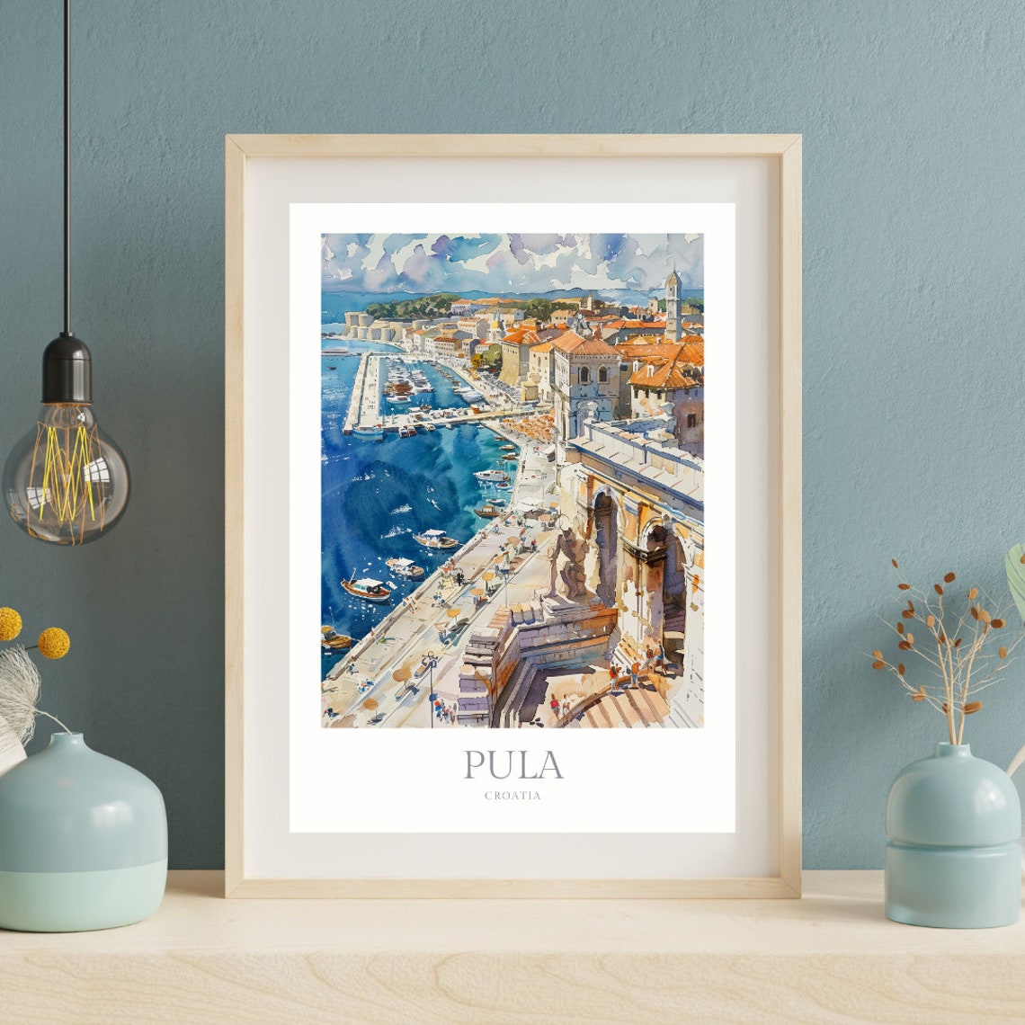 Pula Croatia Watercolor Harbor Boats Waterfront Poster Artwork - Image 2