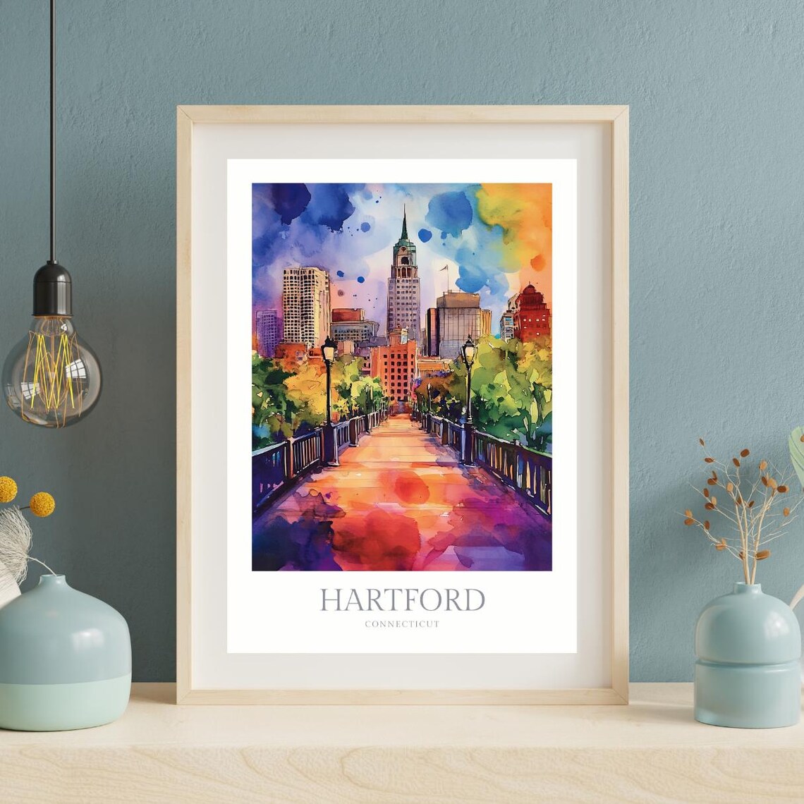 Hartford Connecticut Bridge City Skyline Watercolor Artwork Poster - Image 2