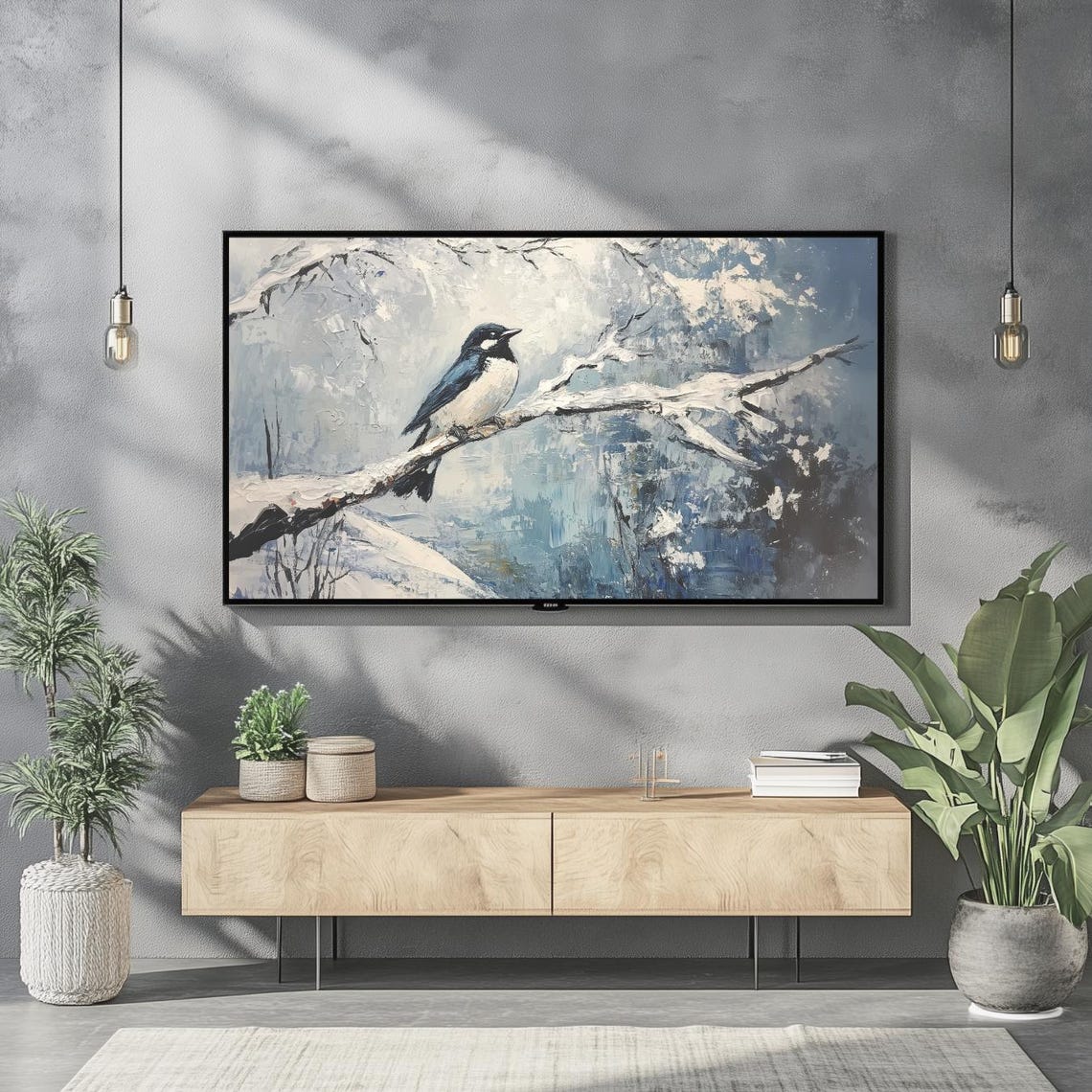 Winter Blue Bird On Snowy Branch Oil Painting Frame Tv Art Print