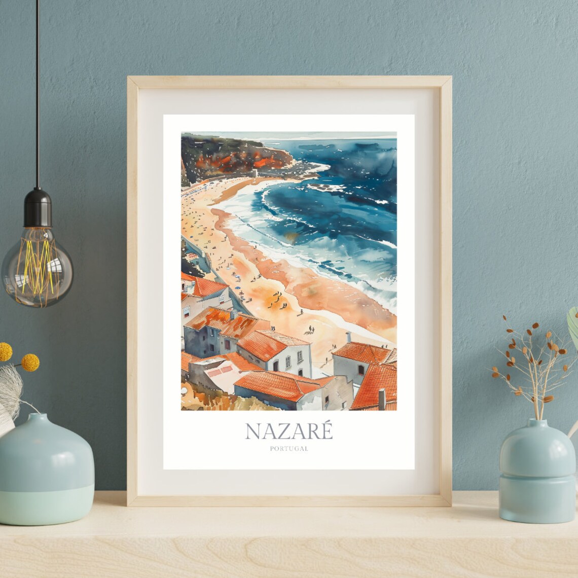 Nazare Portugal Watercolor Aerial Beach Town Ocean View Poster - Image 2