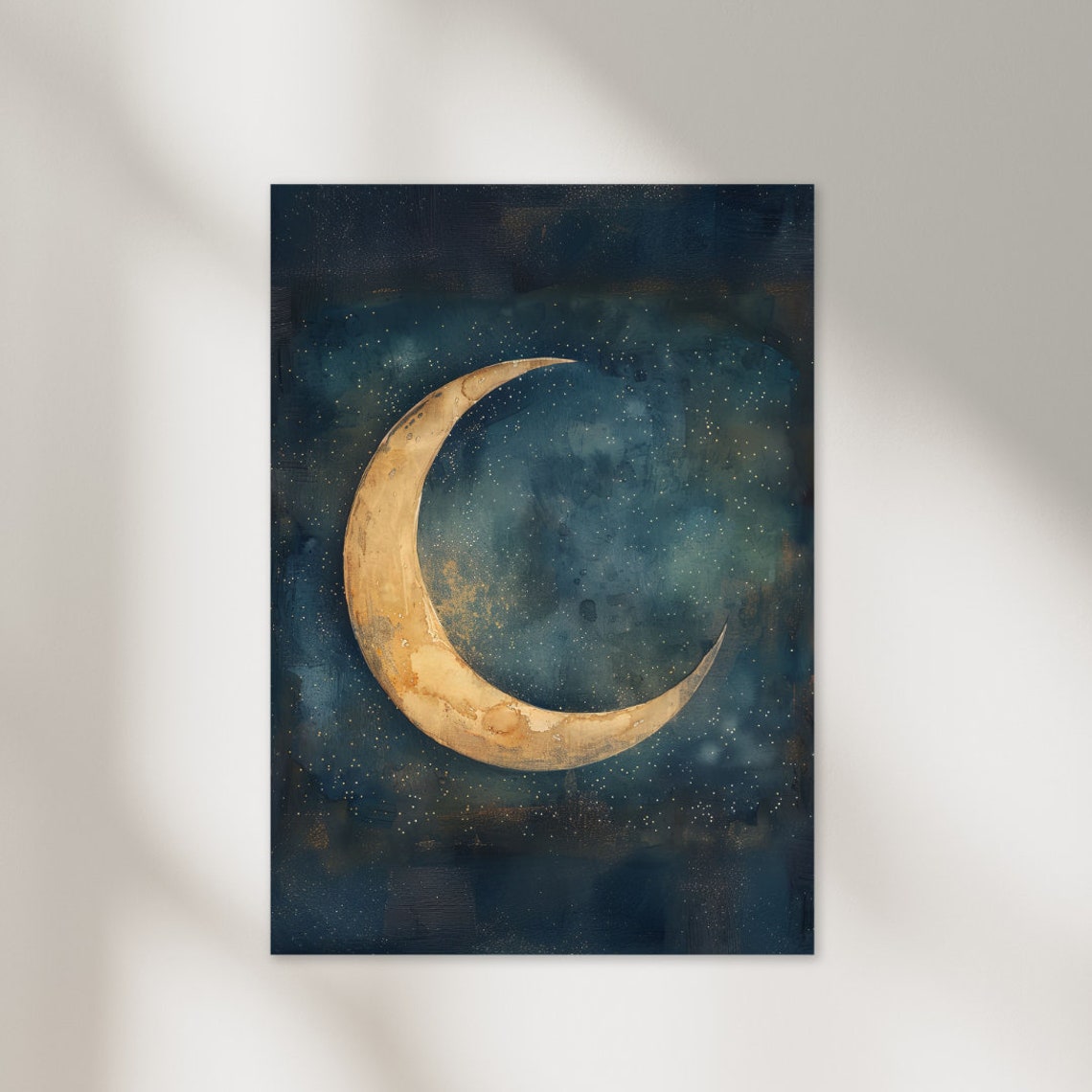 Golden Crescent Moon Dark Indigo Starry Night Sky Celestial Poster Art - Image 2
