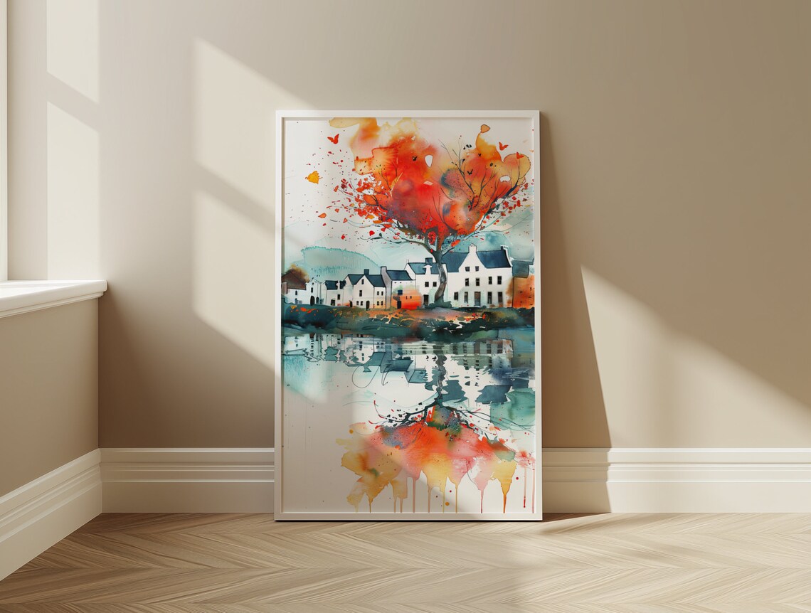 Galway Ireland Waterfront Houses Autumn Tree Watercolor Art Print - Image 3