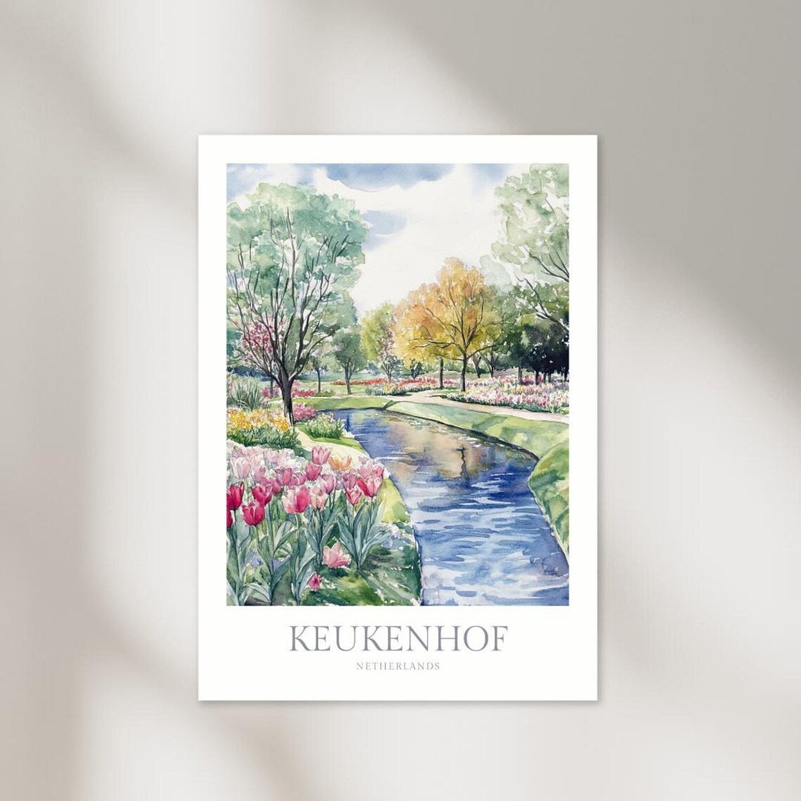 Keukenhof Netherlands Tulip Garden Canal Watercolor Flower Poster
