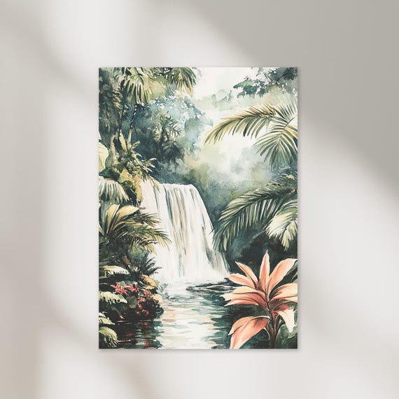 Costa Rica Jungle Waterfall Palm Rainforest Watercolor Art Poster