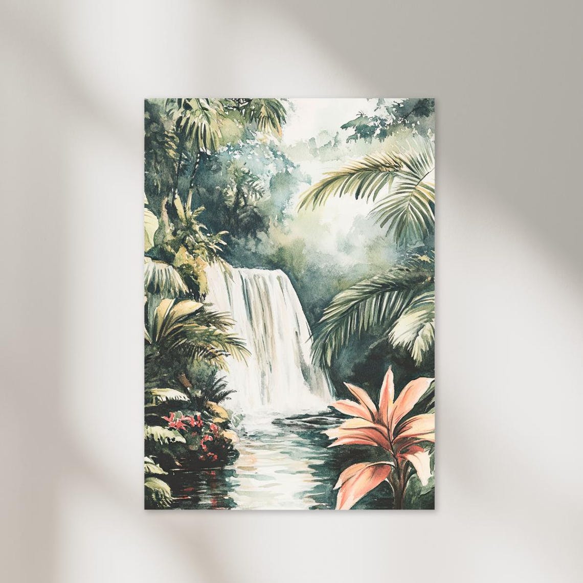 Costa Rica Jungle Waterfall Palm Rainforest Watercolor Art Poster