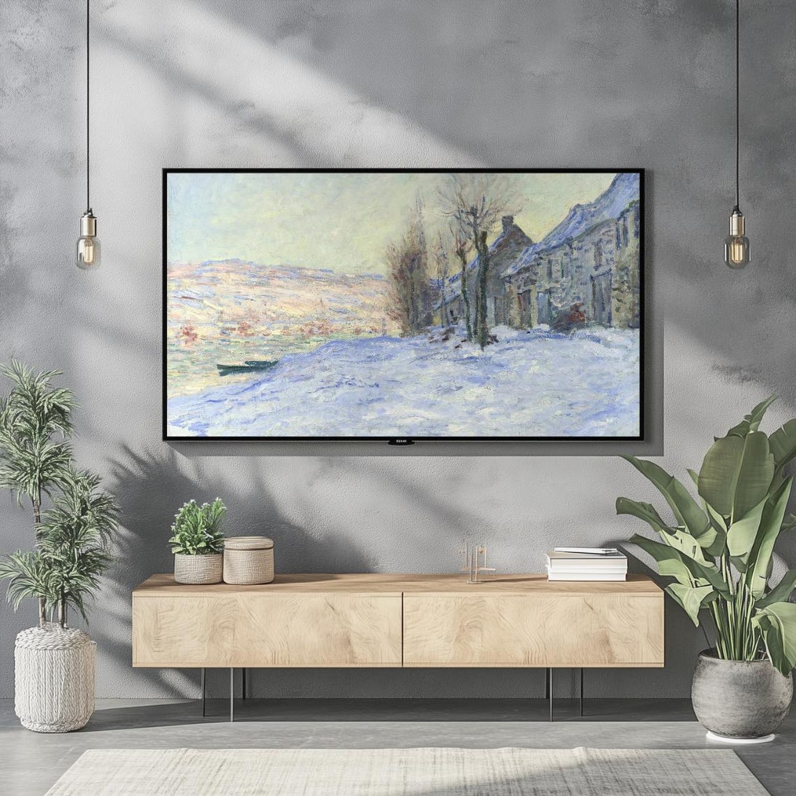 Frame Tv Art Vintage Winter Landscape Oil Painting Village Rustic Winter Holiday Christmas Farmhouse Decor Winter Landscape Tv Art - Image 2