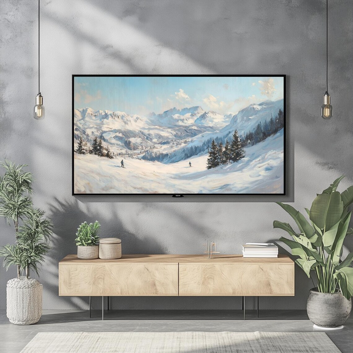 Winter Frame Tv Art Skiing Holiday Frame Tv Art Skiers Winter Snowy Mountains Vintage Rusty Oil Painting Swiss Alps Frame Tv Art - Image 2