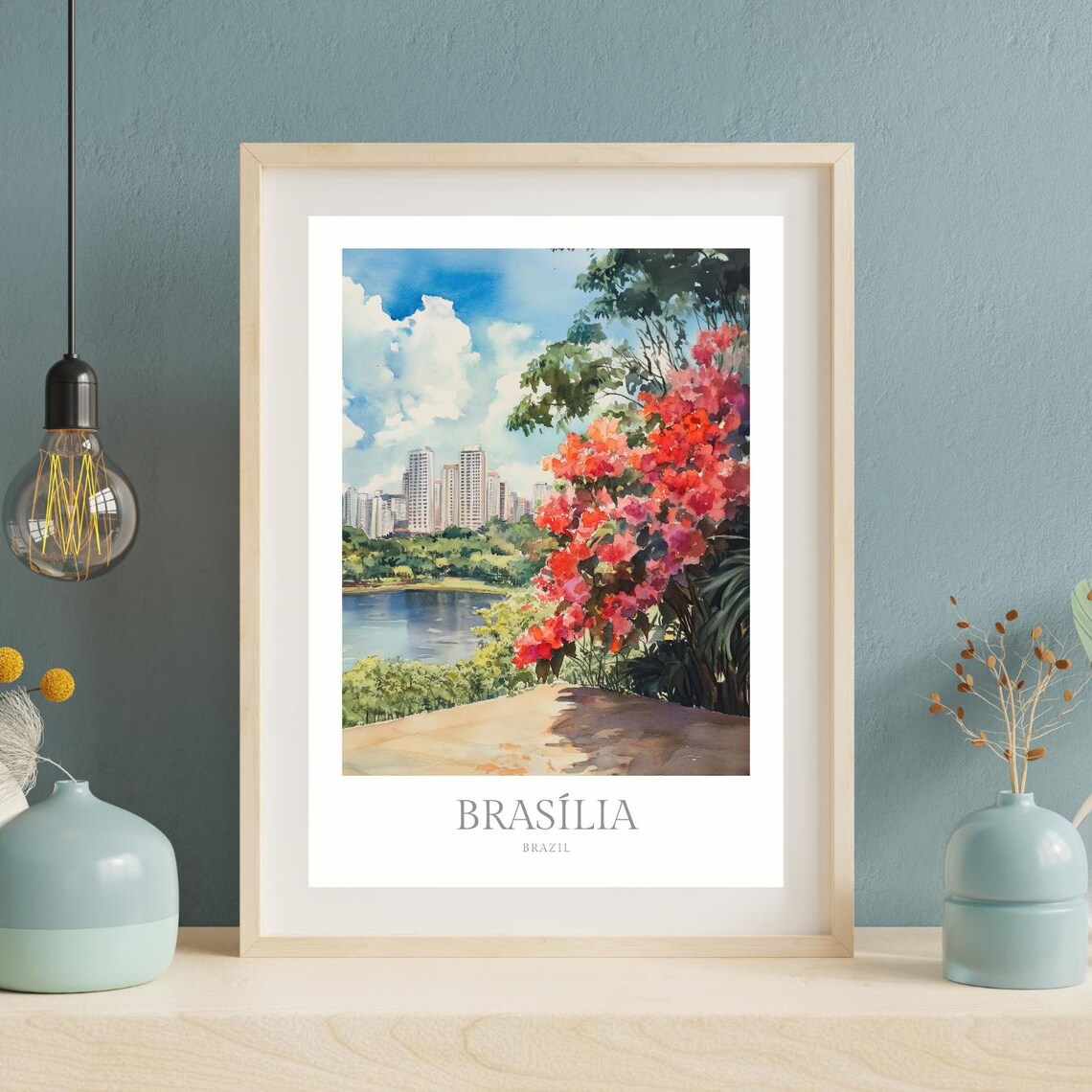 Brasilia Brazil Lake Skyline Red Flowers Watercolor City View Poster - Image 2