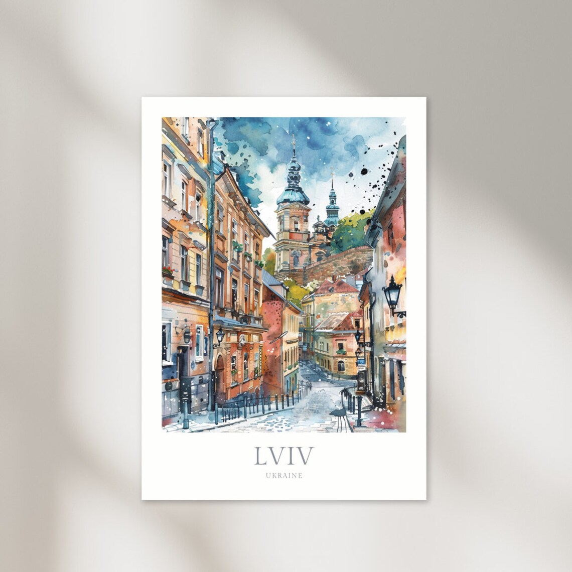 Lviv Ukraine Cobblestone Street Church Domes Watercolor Travel Poster