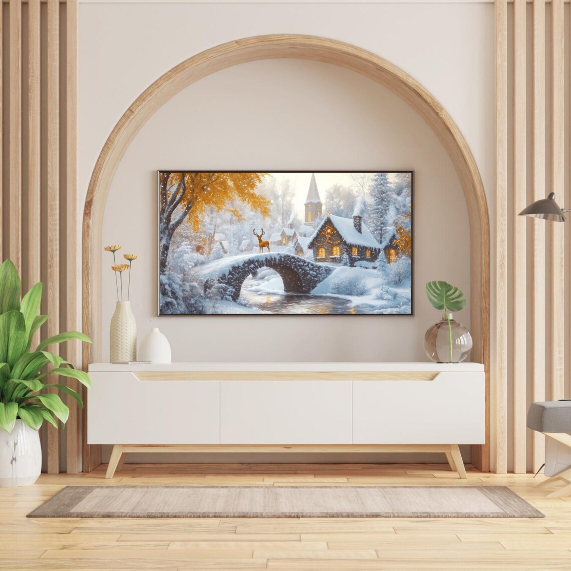 Snowy Winter Village Deer Bridge Glowing Cottages Christmas Poster - Image 2