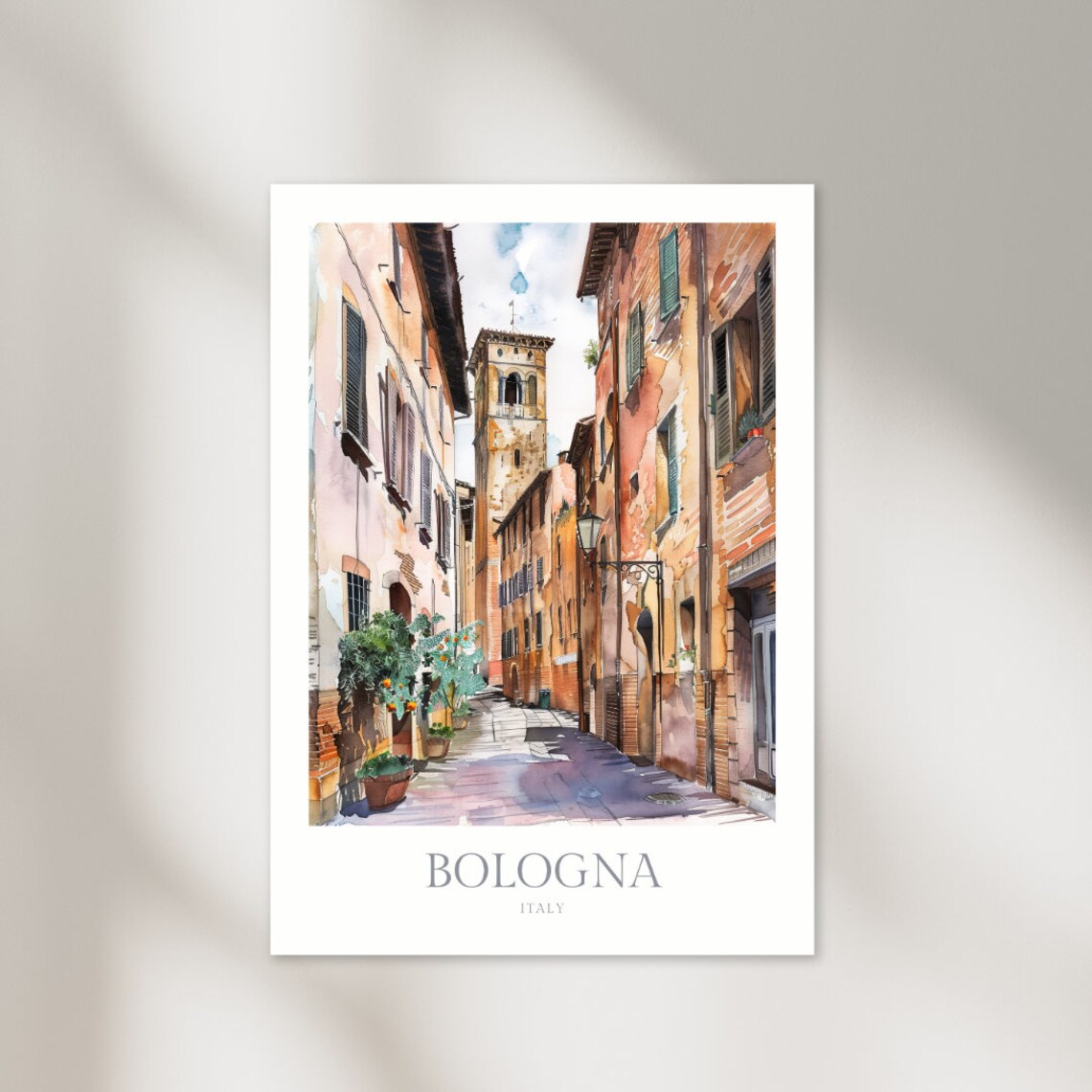 Bologna Italy Medieval Street Tower Old Town Watercolor Travel Poster