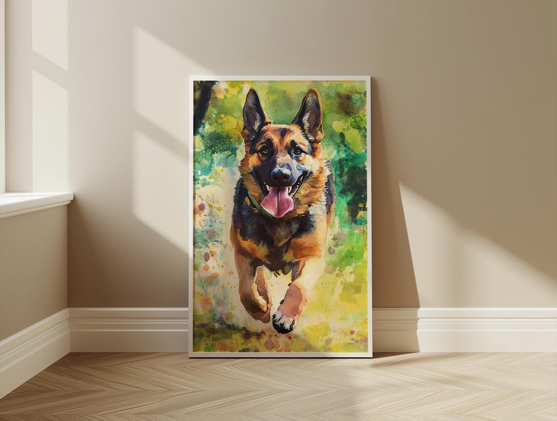 German Shepherd Dog Running Through Meadow Watercolor Art Poster - Image 3