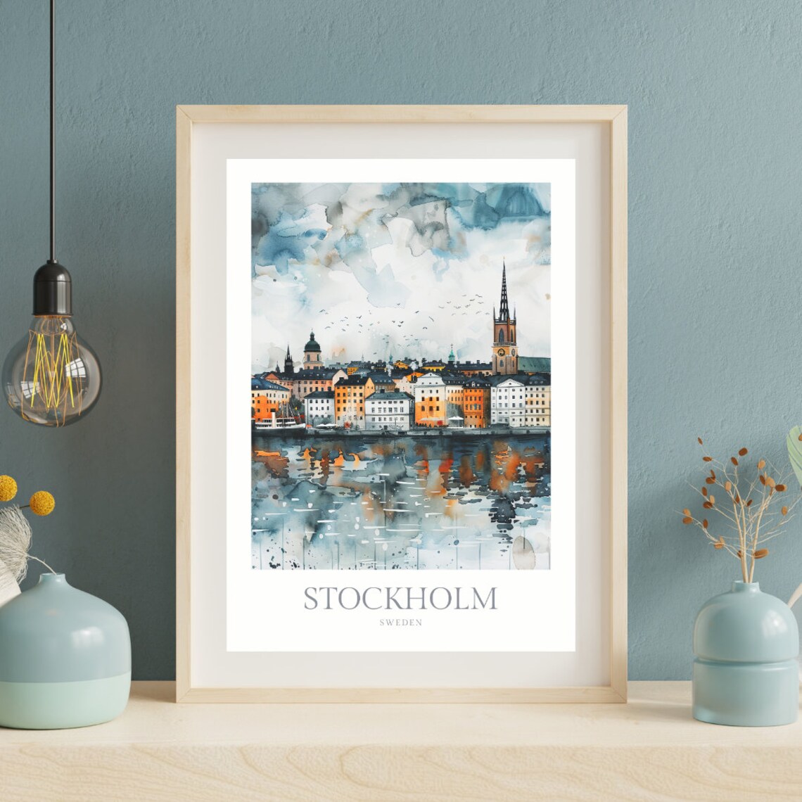 Stockholm Sweden Waterfront Old Town Skyline Watercolor Travel Poster - Image 2