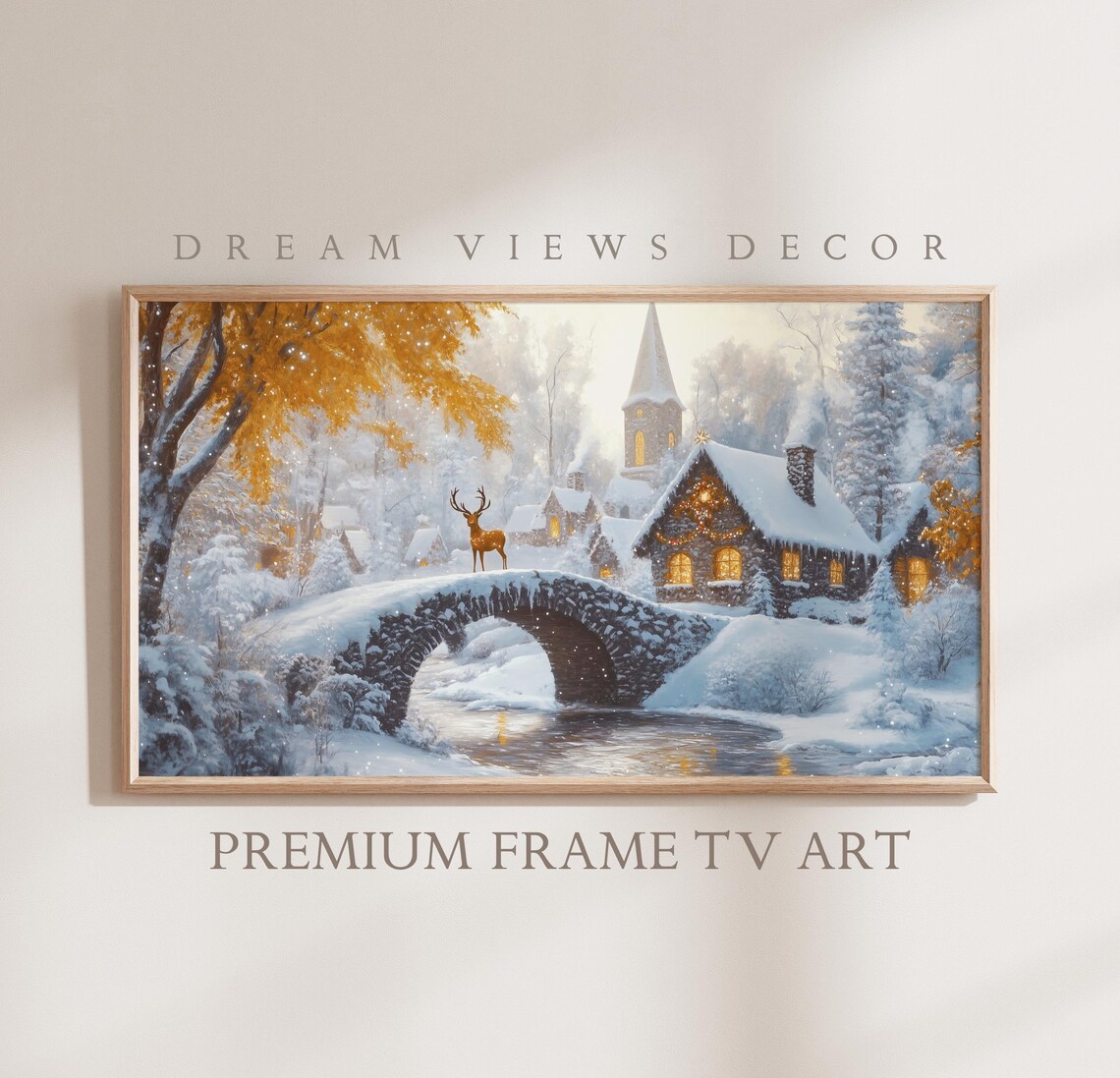 Deer On Snowy Stone Bridge Winter Village Church Cozy Christmas Poster
