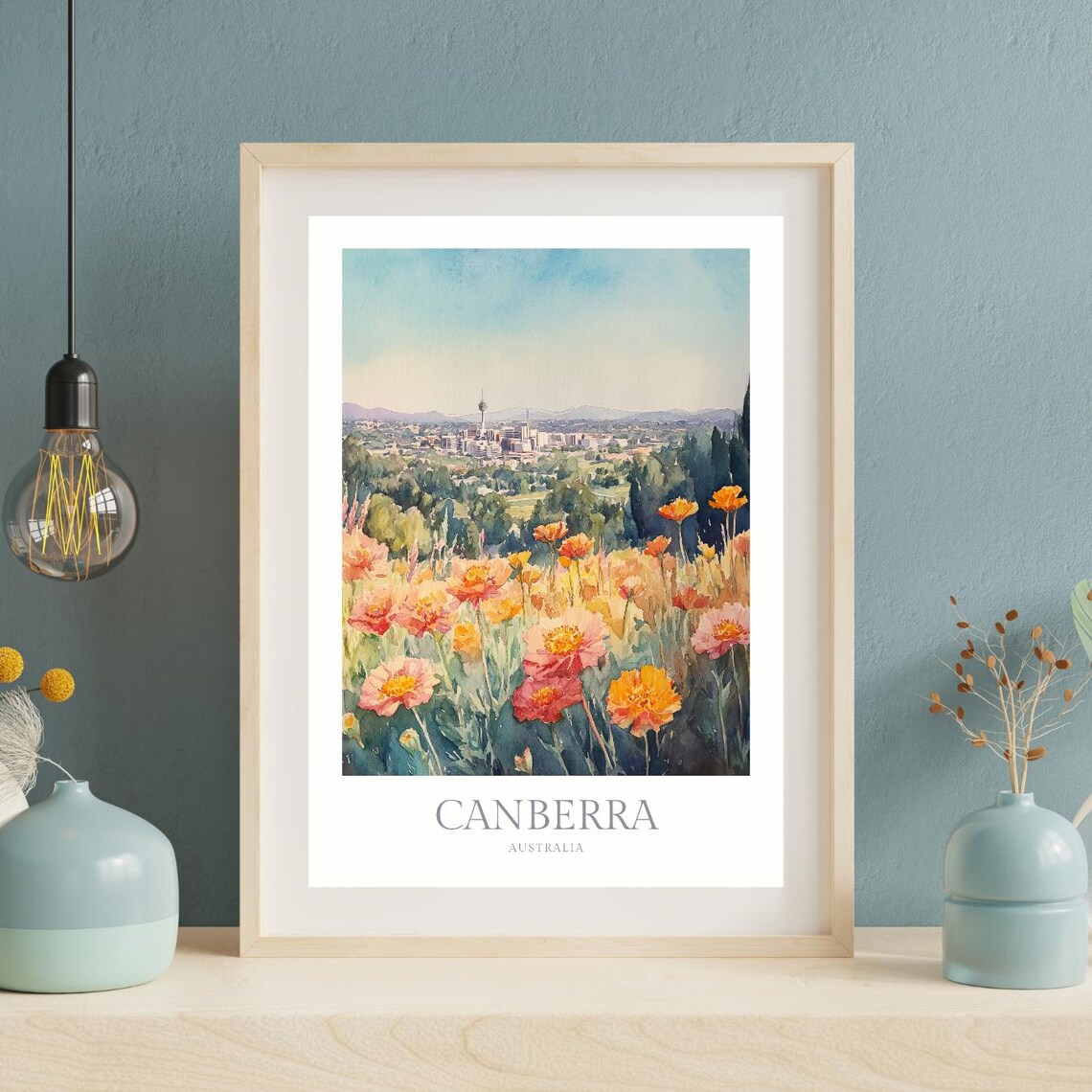 Canberra Australia City Skyline Wildflower Meadow Watercolor Poster - Image 2