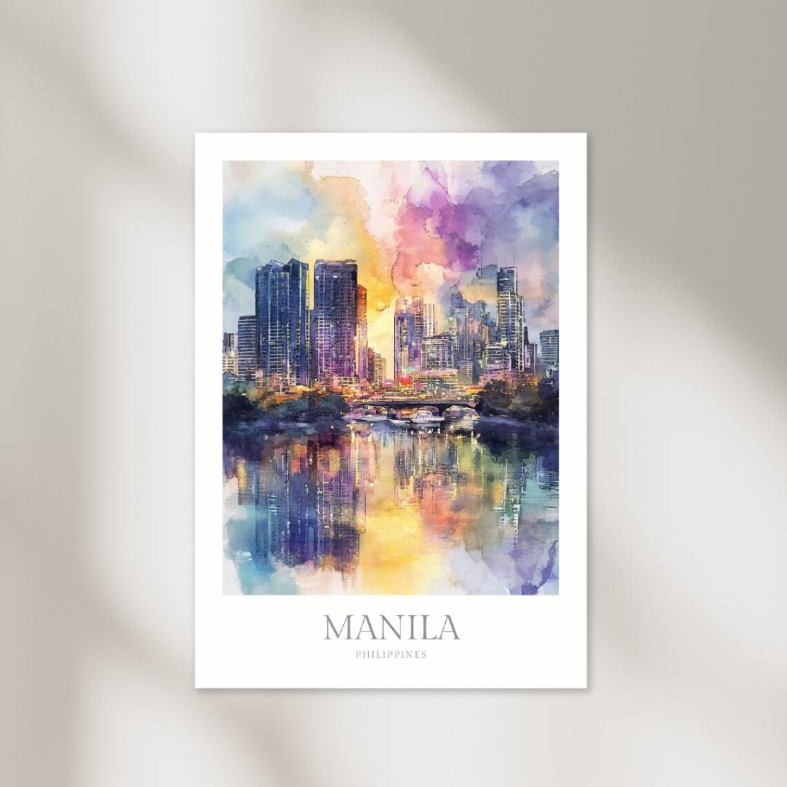 Manila Philippines Sunset Skyline Watercolor Cityscape Poster