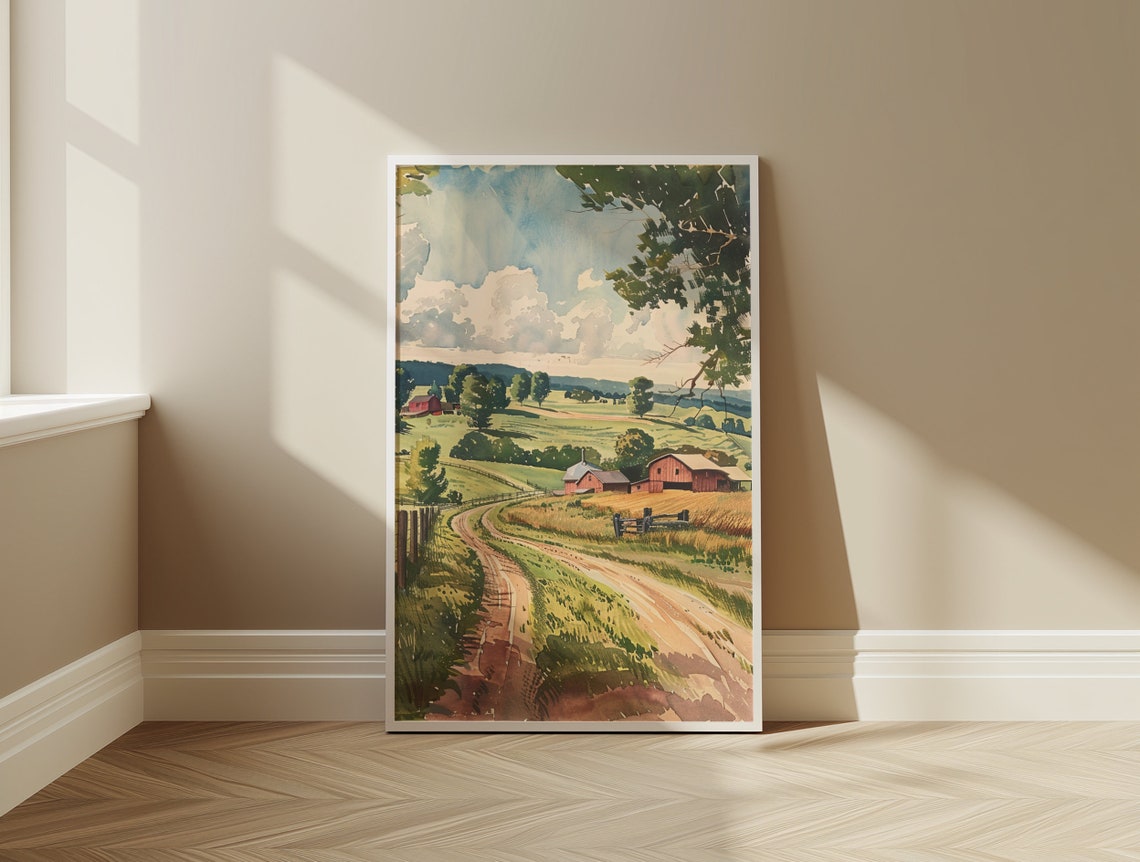 Country Farm Barns Winding Dirt Road Rolling Hills Watercolor Poster