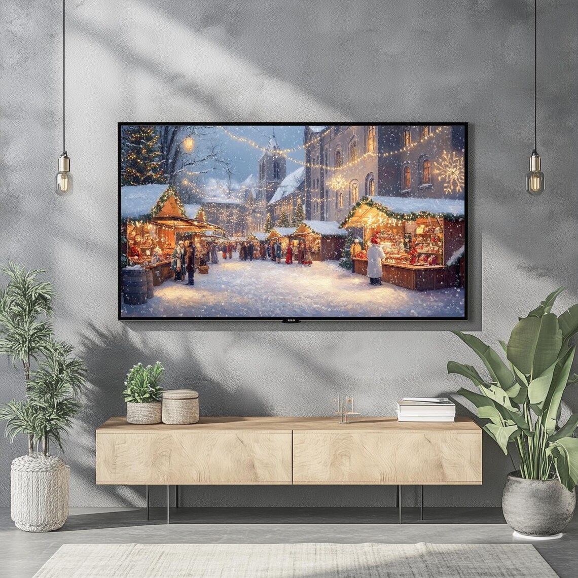 Christmas Market Night Wooden Stalls String Lights Winter Art Poster - Image 2