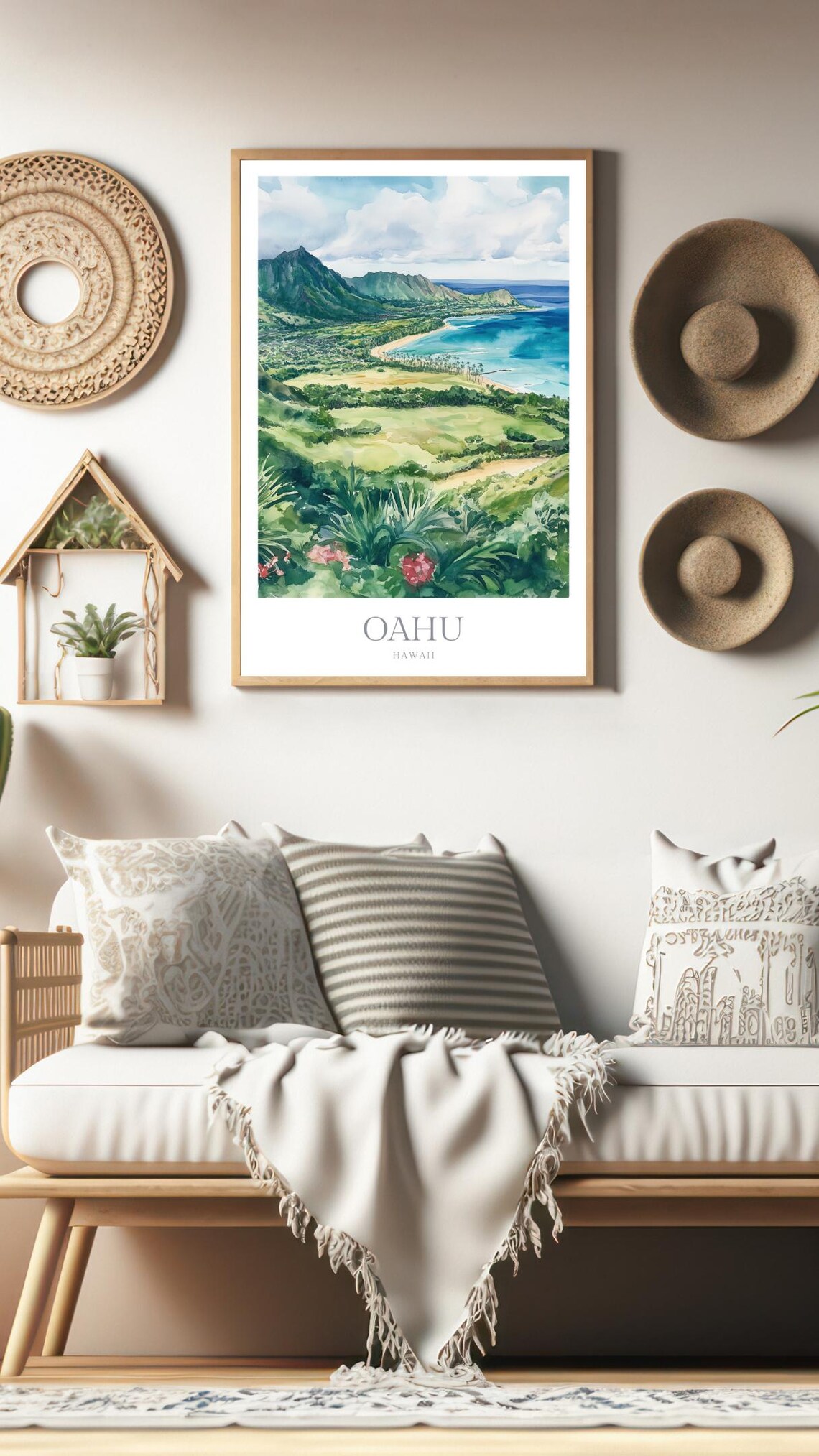 Oahu Hawaii Watercolor Travel Poster, Hawaiian Islands - Image 2