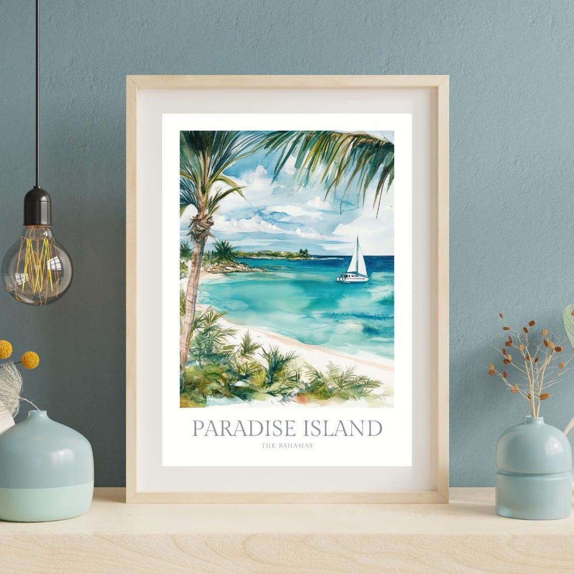 Paradise Island Bahamas Palm Turquoise Cove Sailboat Watercolor Poster - Image 2