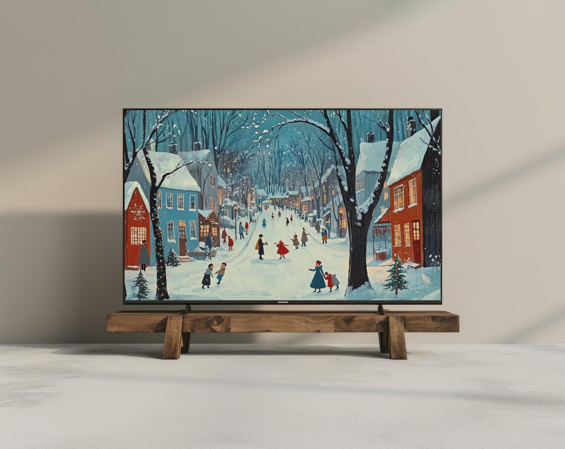 Snowy Christmas Village Street Folk Painting Night Winter Wall Art - Image 3