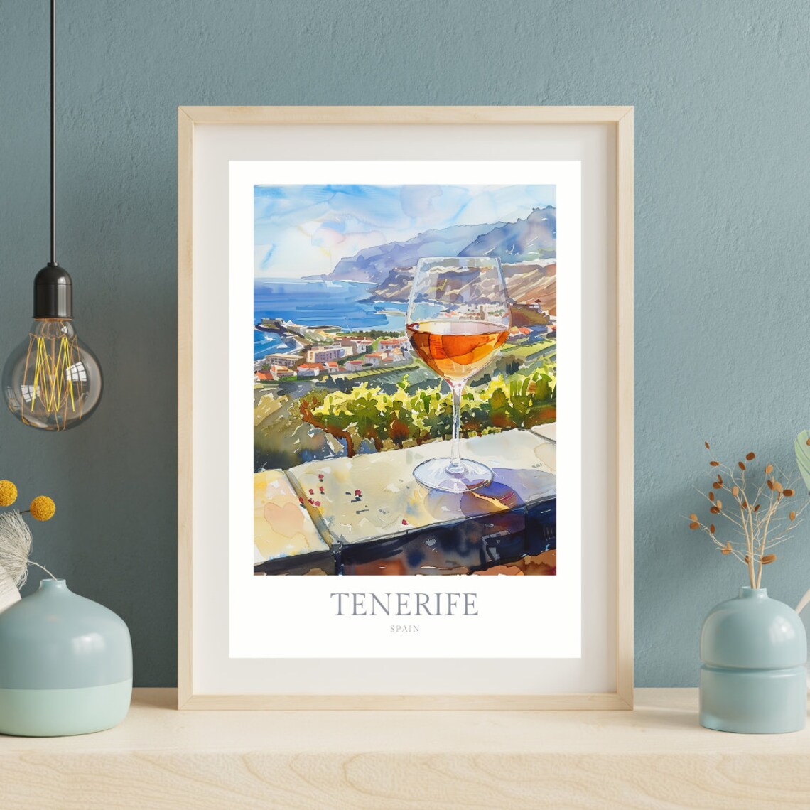 Tenerife Spain Coastal Vineyard Wine Glass Watercolor Art Poster - Image 2