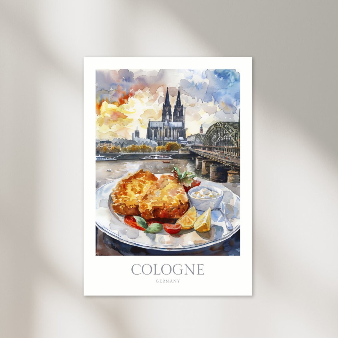 Cologne Germany Watercolor Cathedral Rhine Bridge Food Art Poster