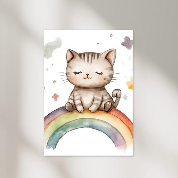 Playroom Poster Art Print Watercolour Nursery Prints Nursery Wall Art Rainbow Cat Wall Art Room Decor Home Decor