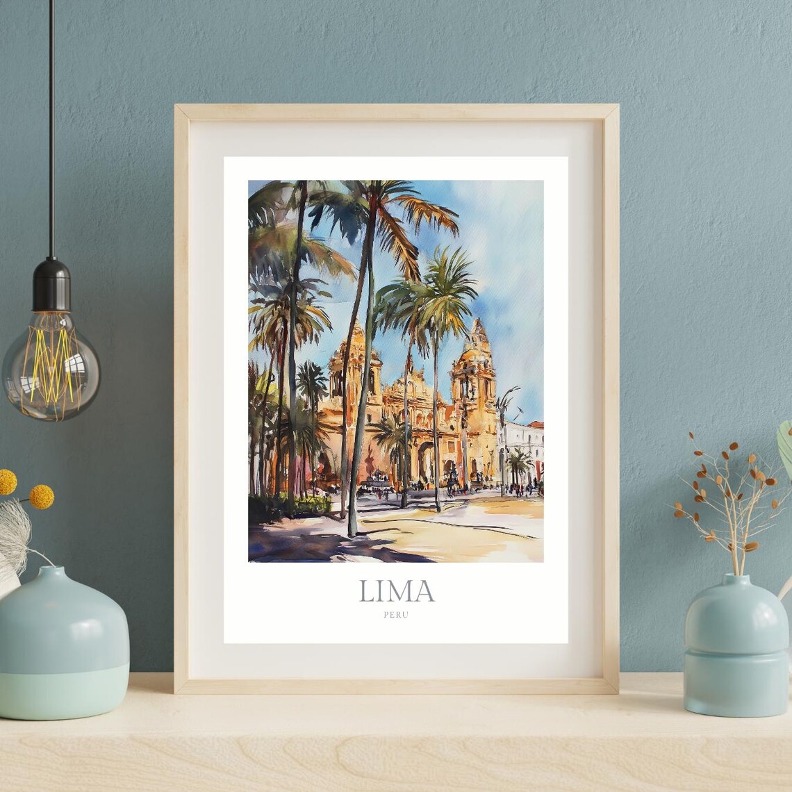 Lima Peru Cathedral Plaza Palm Trees Sunny Watercolor Travel Poster - Image 2