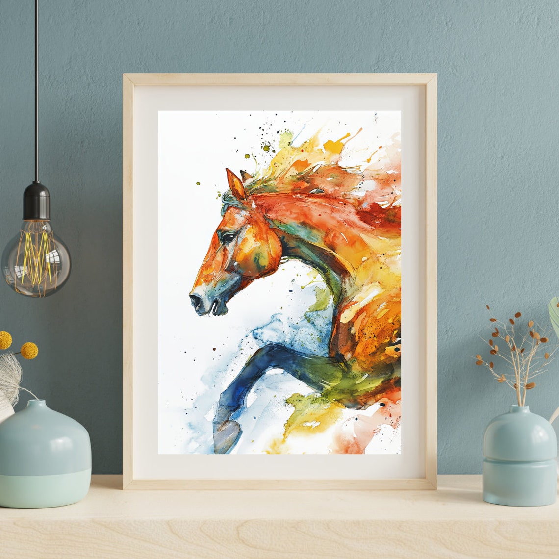 Fiery Orange Rearing Horse Abstract Watercolor Equine Poster - Image 2