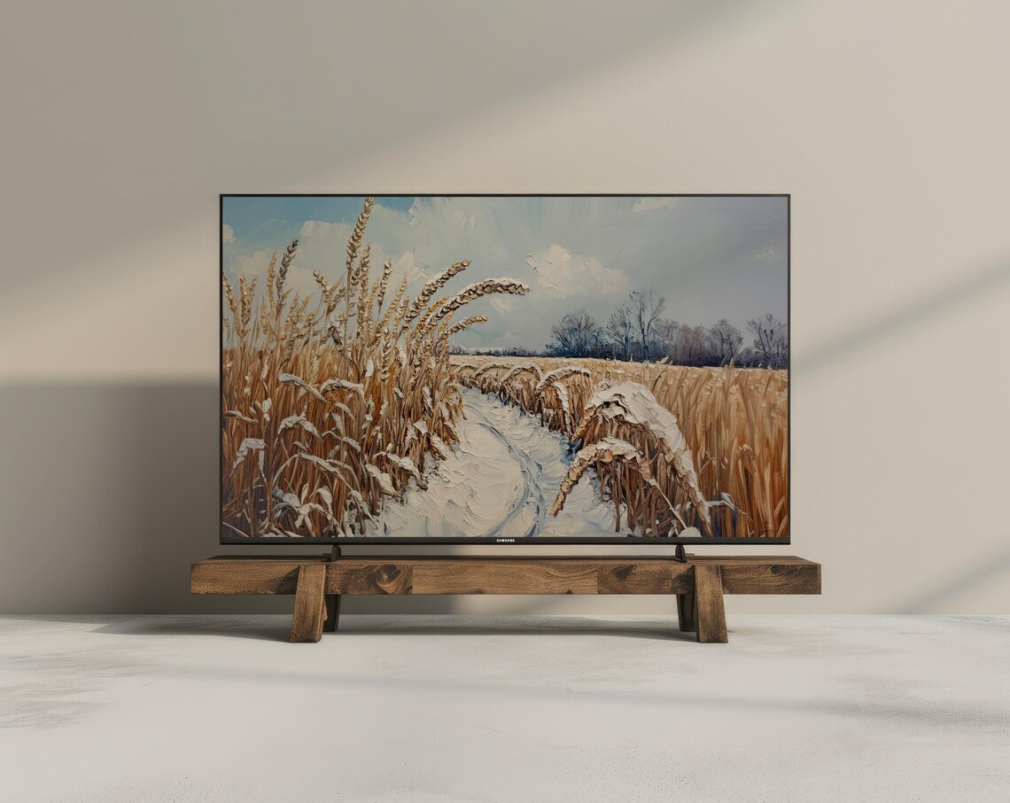 Winter Wheat Field Snow Landscape Oil Painting Frame Tv Poster - Image 2