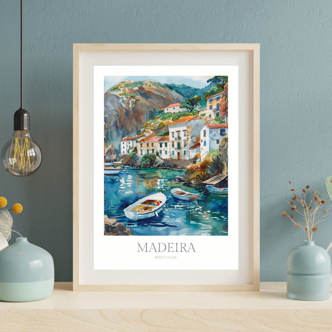 Madeira Portugal Coastal Village Boats Harbor Watercolor Poster - Image 2