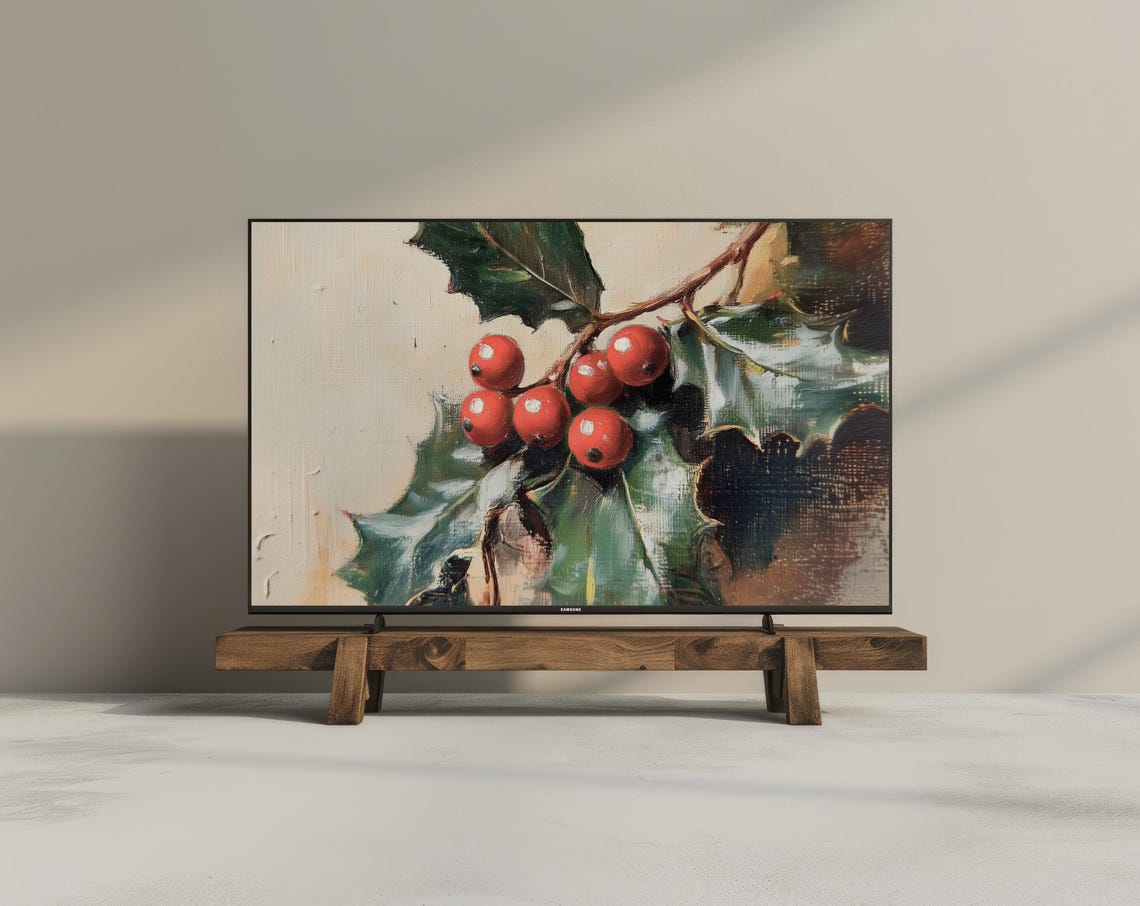 Vintage Holly Berry Oil Painting Christmas Frame TV Art Poster - Image 2