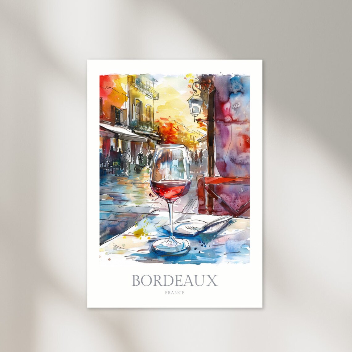 Bordeaux France Watercolor Wine Glass Cafe Terrace Street Poster
