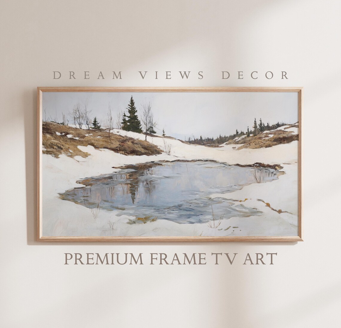 Winter Lake Snowy Banks Quiet Landscape Vintage Oil Painting Poster