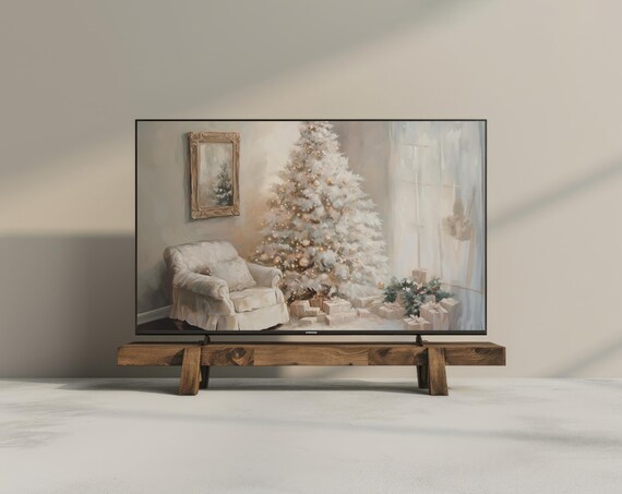 Vintage White Christmas Tree Frame TV Wall Art Cozy Holiday Scene