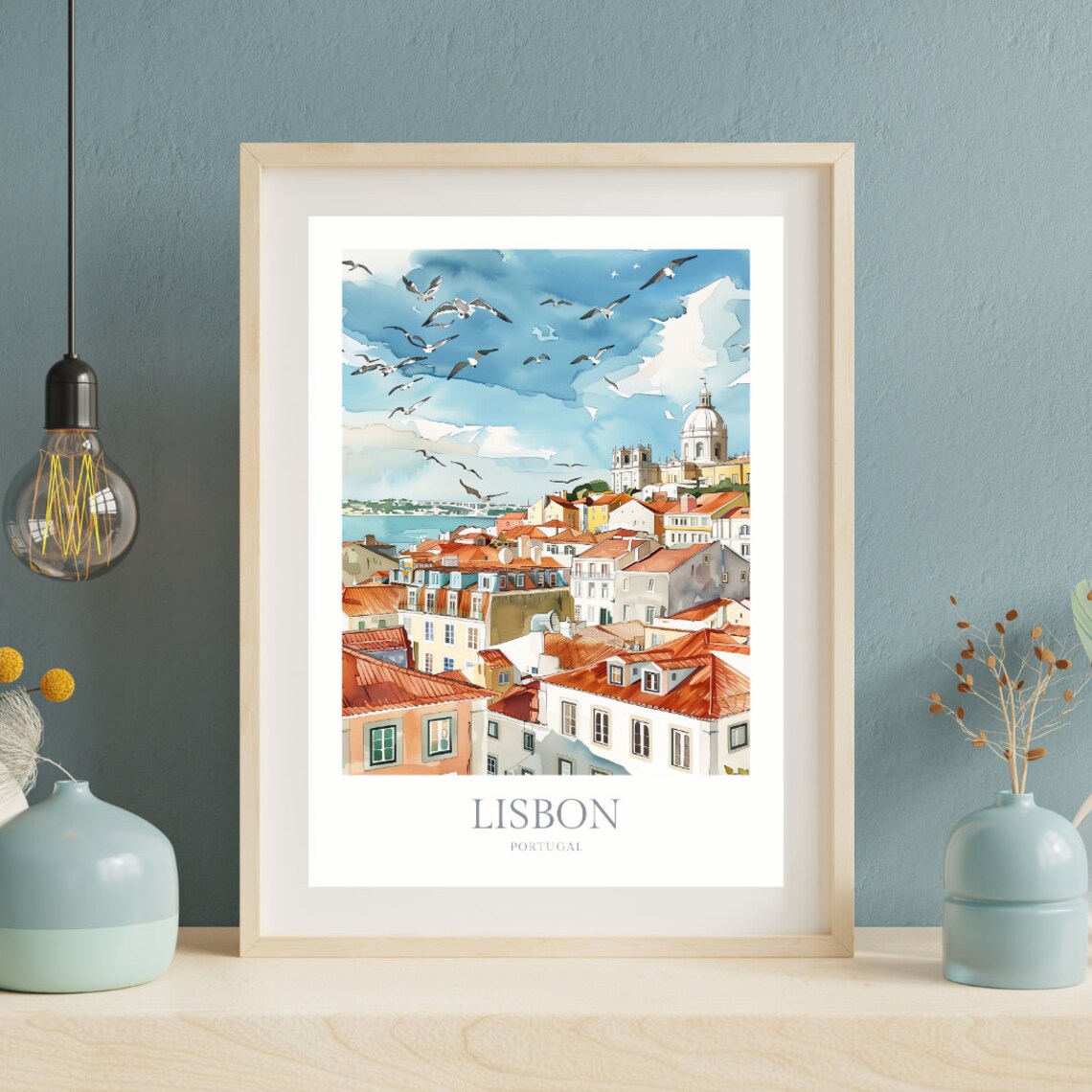 Sunlit Lisbon Portugal Watercolor Skyline Cityscape Travel Poster - Image 2