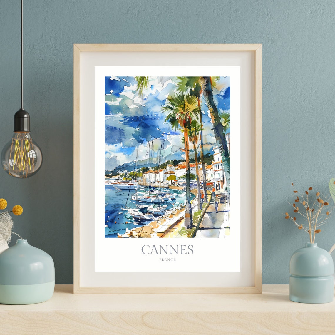 Cannes France Watercolor Harbor Palms Sailboat Marina Poster - Image 2