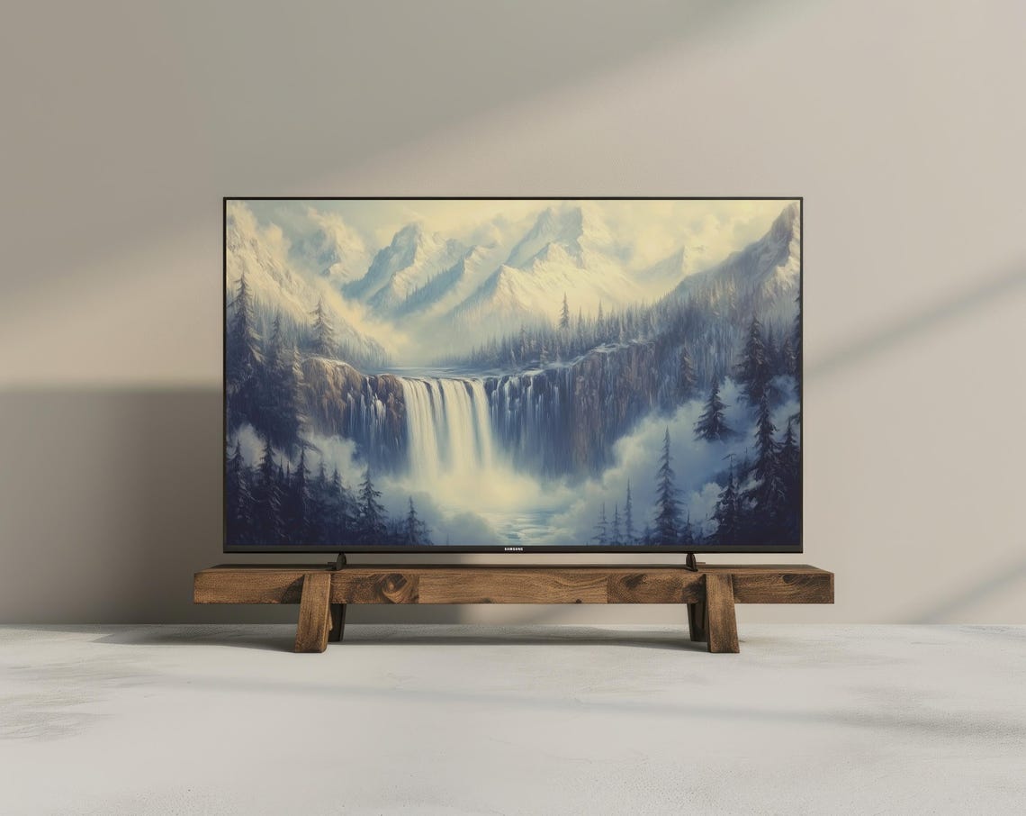 Winter Waterfall Snowy Mountain Vintage Oil Painting Landscape Poster - Image 3