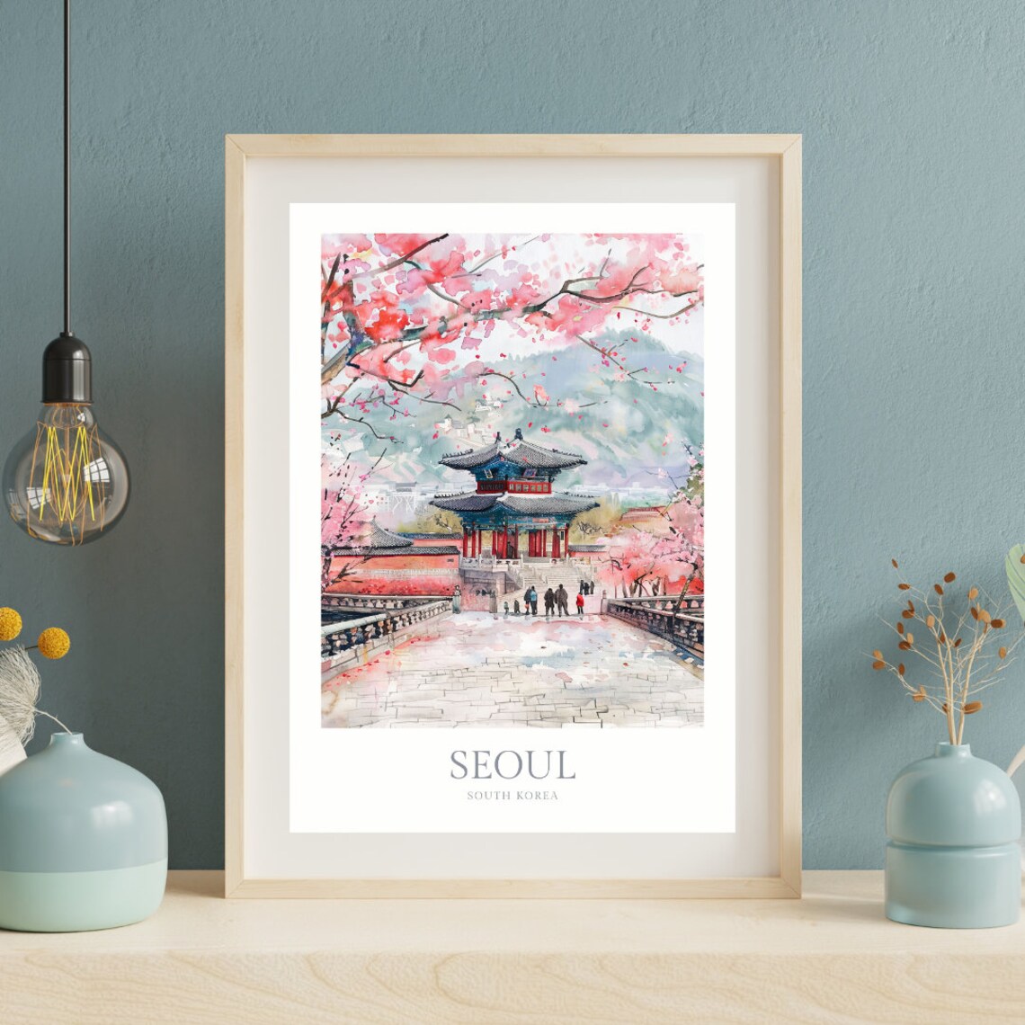 Seoul South Korea Palace Cherry Blossom Watercolor Travel Art Poster - Image 2