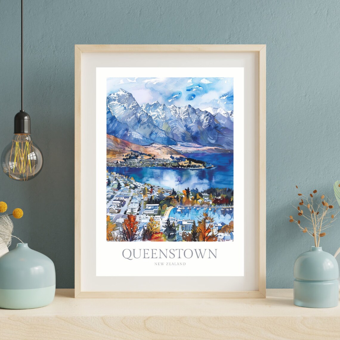 Queenstown New Zealand Watercolor Travel Poster Lake and Mountains - Image 2