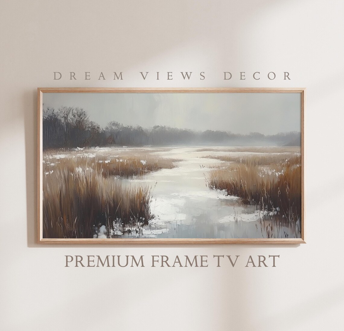 Winter Marsh Reeds Frozen Stream Misty Neutral Landscape Frame TV Poster