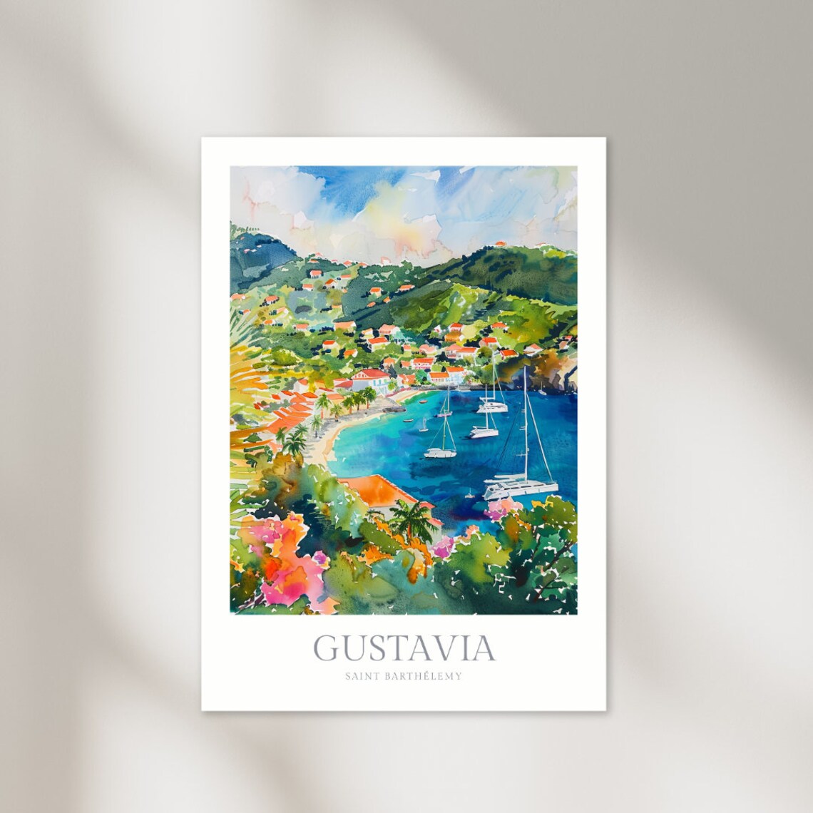 Gustavia Saint Barthelemy Harbor Sailboats Caribbean Watercolor Poster
